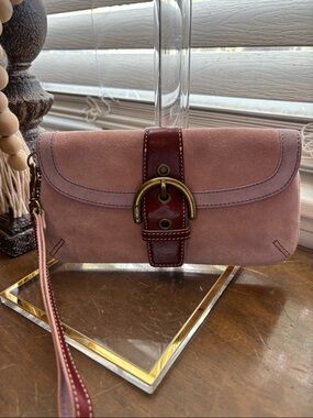 Coach Pink Suede Wristlet Clutch with Burgundy Buckle Accent